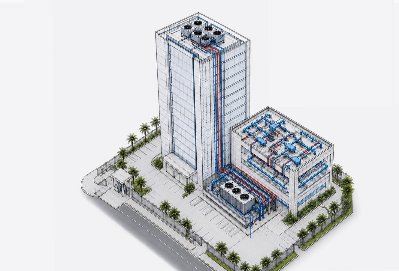 Mesmo edifício em desenho técnico isométrico, com as linhas frigorígenas e a rede dutada em azul e vermelho sobre o traçado da estrutura